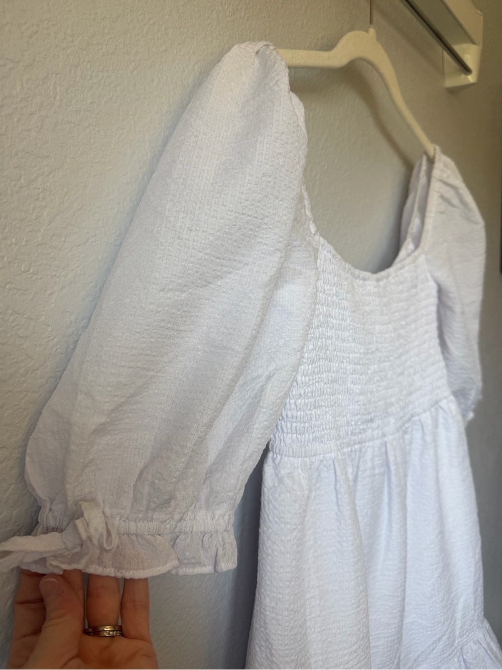 Charlie Holiday White Smocked Puff Sleeve Open Back Mini Dress, NWOT, Size 8 - Picture 7 of 12